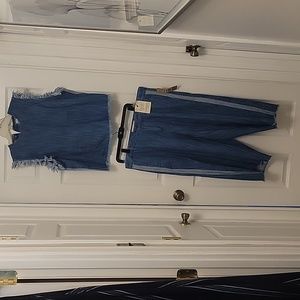 Racel Roy denim pant set. Capri pants, crop top.